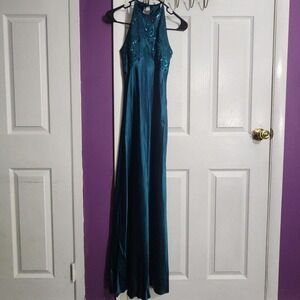 Y2K Teal Floral Maxi Halter Dress